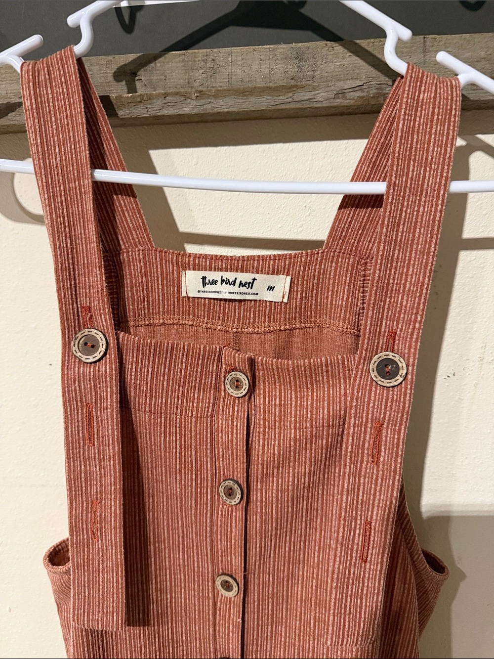 Three Bird Nest High Hopes Overalls Boho Jumpsuit in Rust Ribbed Wide-Leg - Picture 2 of 7
